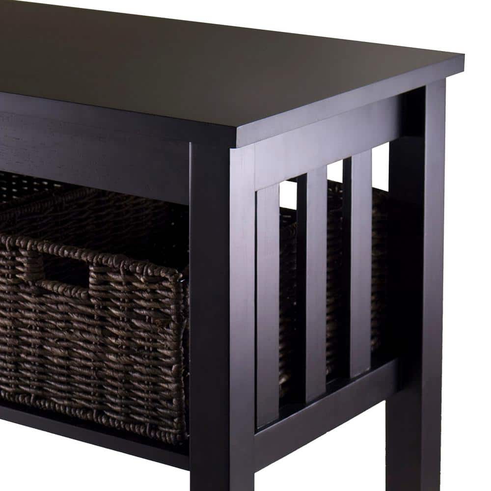 Transitional Espresso Brown Rectangular Console Table with Glass Top & Storage Baskets