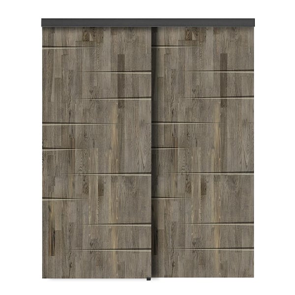 CALHOME 60 in. x 96 in. Hollow Core Weather Gray Stained Pine Wood Interior Double Sliding Closet Doors
