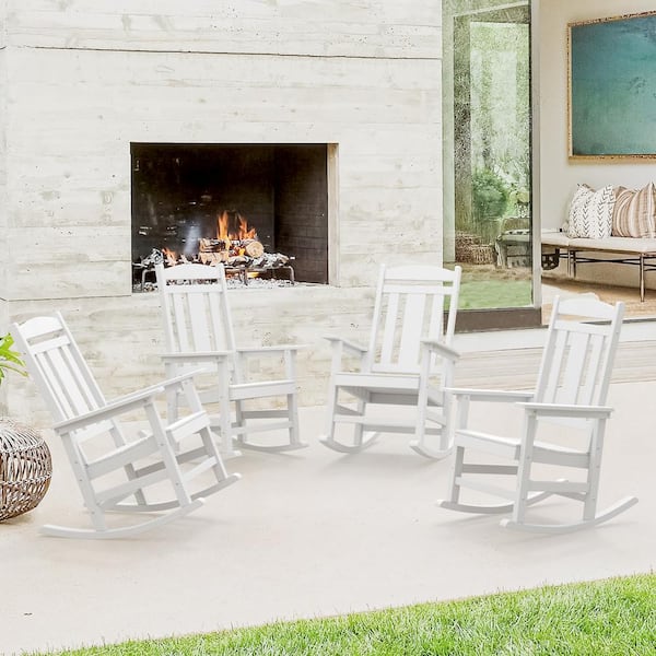 OrangeOne White Recycled Plastic HDPS Porch Patio Adirondack Outdoor Rocking Chair Porch Rocker Patio Rocking Chairs (Set of 4)