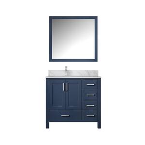 Jacques 36 in. W x 22 in. D Left Offset Navy Blue Bath Vanity, Carrara Marble Top, Faucet Set, and 34 in. Mirror