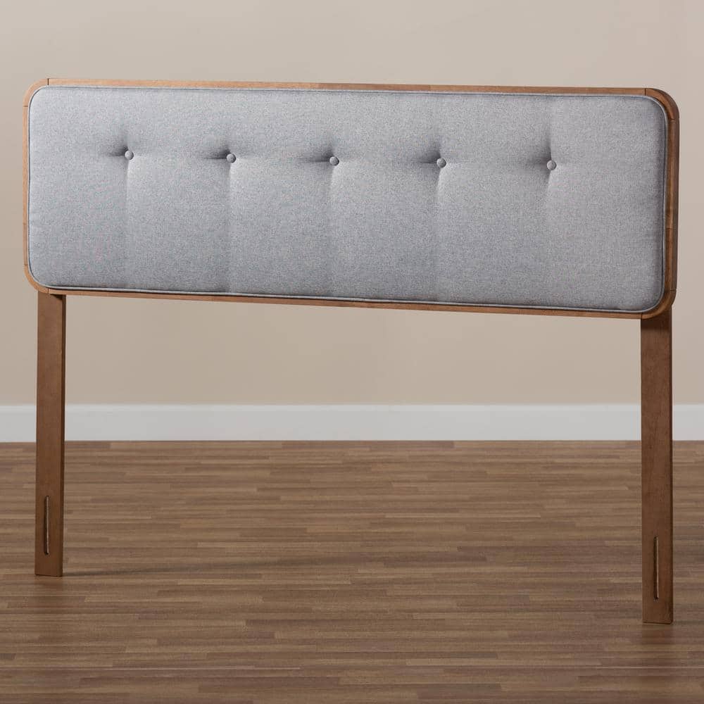 Gray Tufted Upholstered Queen Headboard with Walnut Wood Frame