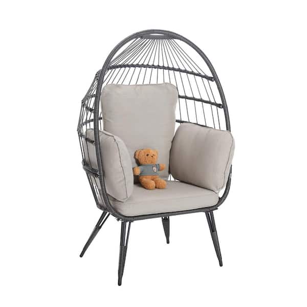 HOMEFUN Black Wicker Steel Frame Outdoor Egg Lounge Chair with Beige Cushion