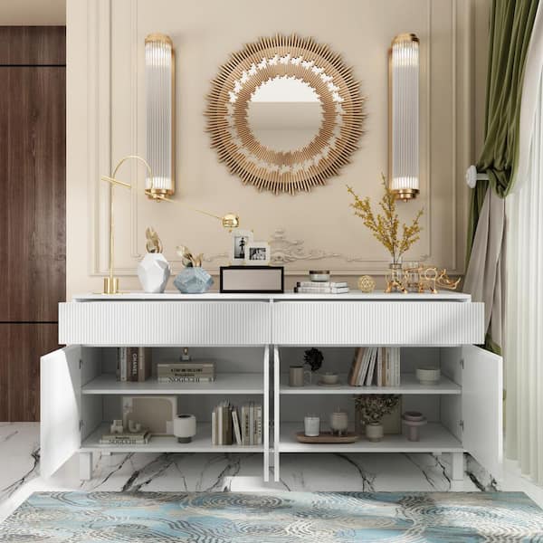 63 in. L Rectangle Wood Console Table Entry Table For Hallway With White Wavy Texture Finish, Adjustable Shelves, Drawer