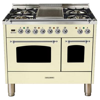 40 in. 4.0 cu. ft. Double Oven Dual Fuel Italian Range True Convection, 5 Burners, Griddle, Chrome Trim in Antique White