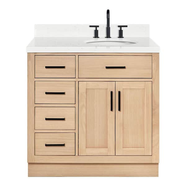 Hepburn 36 in. Single Sink Freestanding Bathroom Vanity in Oak with Carrara White Quartz Top