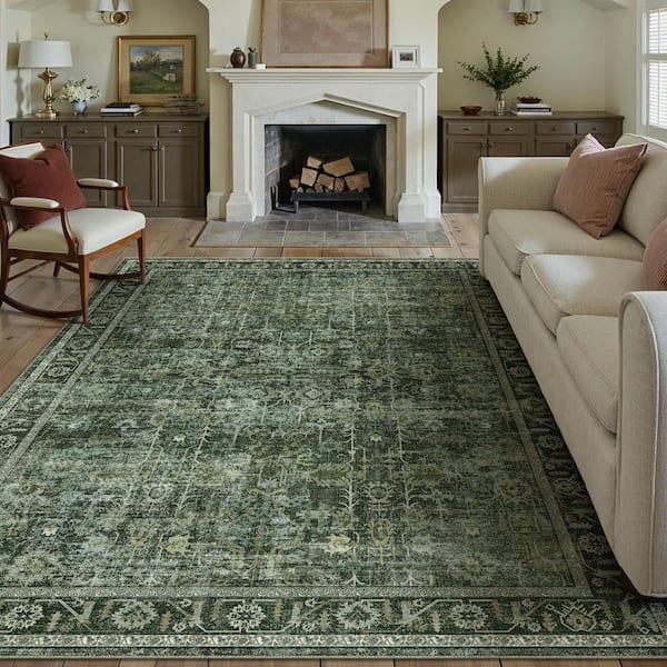 Bursch Green 9 ft. x 12 ft. Distressed Vintage Floral Area Rug