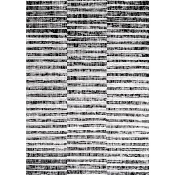 Sukie Modern Offset Stripe Black/Ivory 4 ft. x 6 ft. Indoor/Outdoor Area Rug