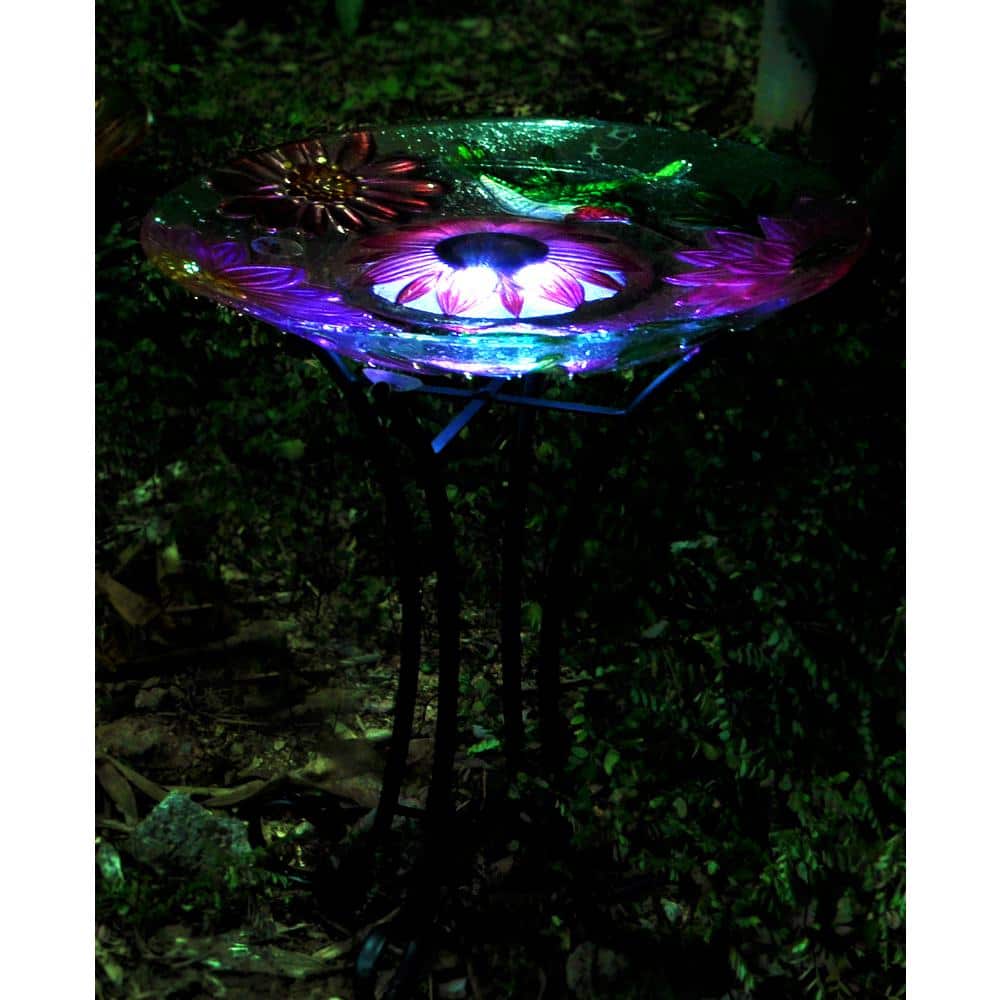 Solar Floral Glass Hummingbird Birdbath with Metal Stand