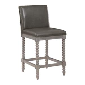 Abbott 39 in. Brushed Grey Wood Frame Spindle Counter Bar Stool with Pewter Faux Leather Seat