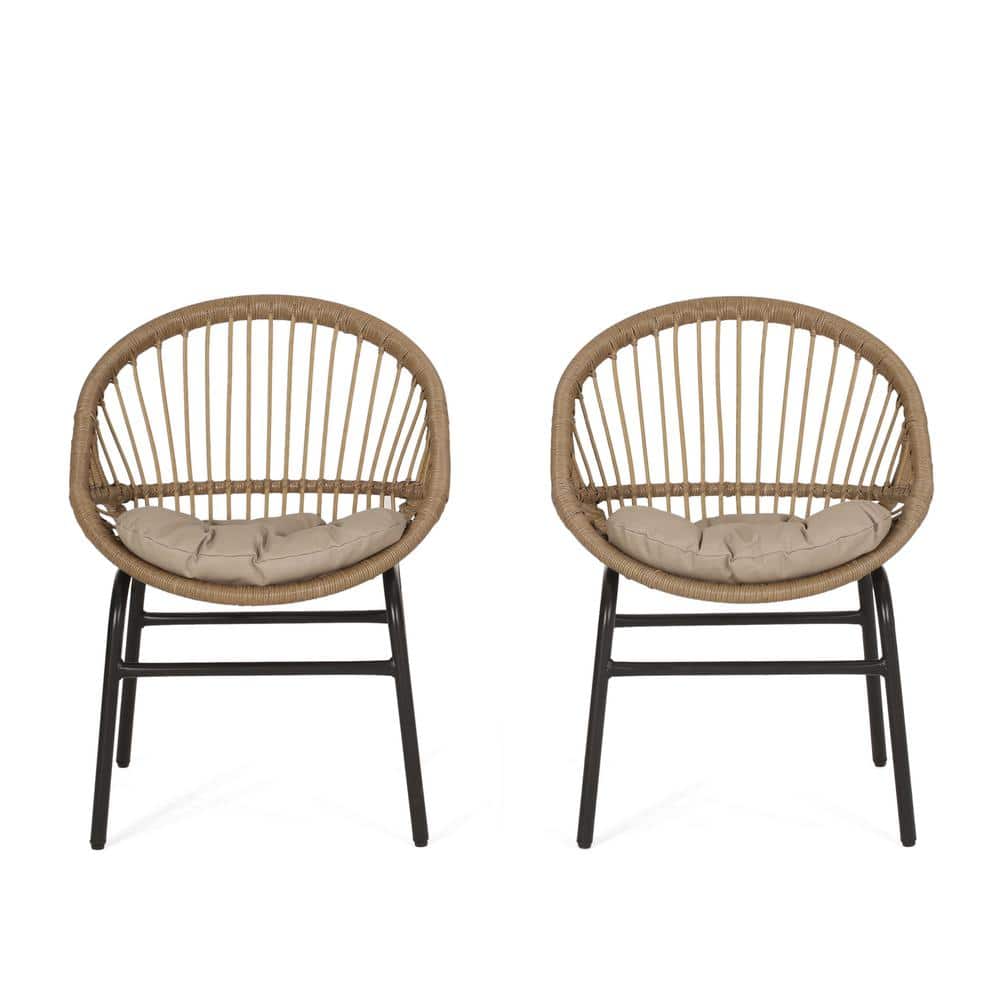 Light Brown and Beige Wicker Outdoor Dining Chairs with Cushions, Set of 2