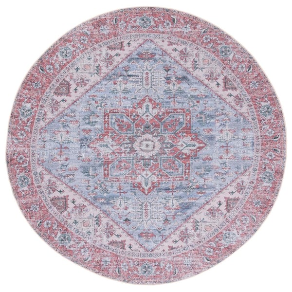 SAFAVIEH Tucson Gray Blue/Rust 5 ft. x 5 ft. Machine Washable Distressed Ornate Border Round Area Rug