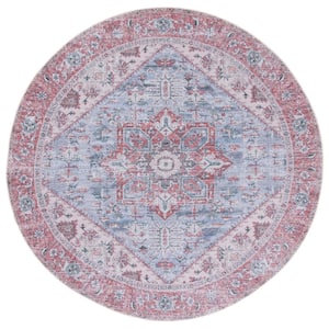 Tucson Gray Blue/Rust 6 ft. x 6 ft. Machine Washable Border Floral Distressed Round Area Rug