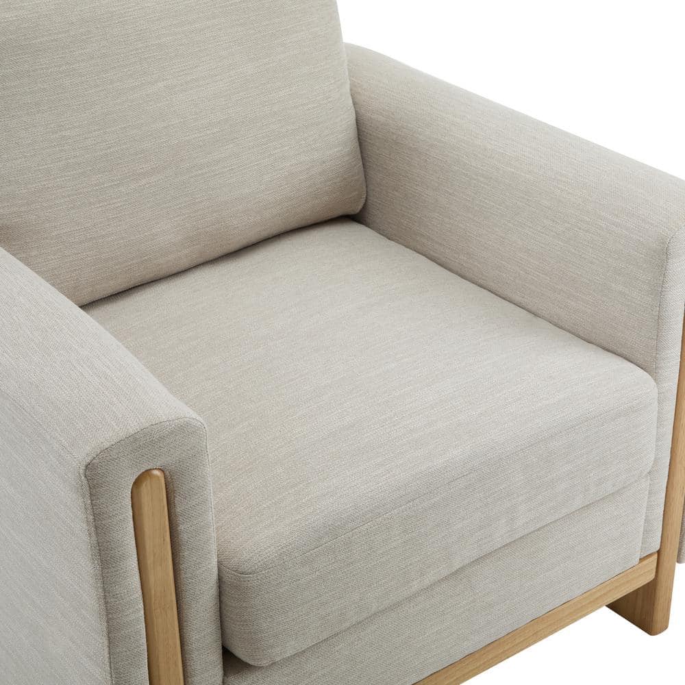 Beige Upholstered Barrel Accent Chair with Natural Wood Frame