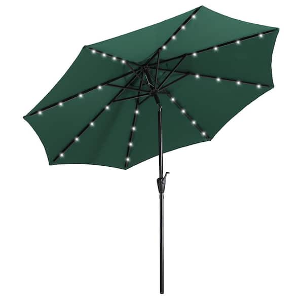 cenadinz 9 ft. Steel Pole Outdoor Market Push Button Tilt and Crank Patio Umbrella with 32 LED Solar Lights in Dark Green