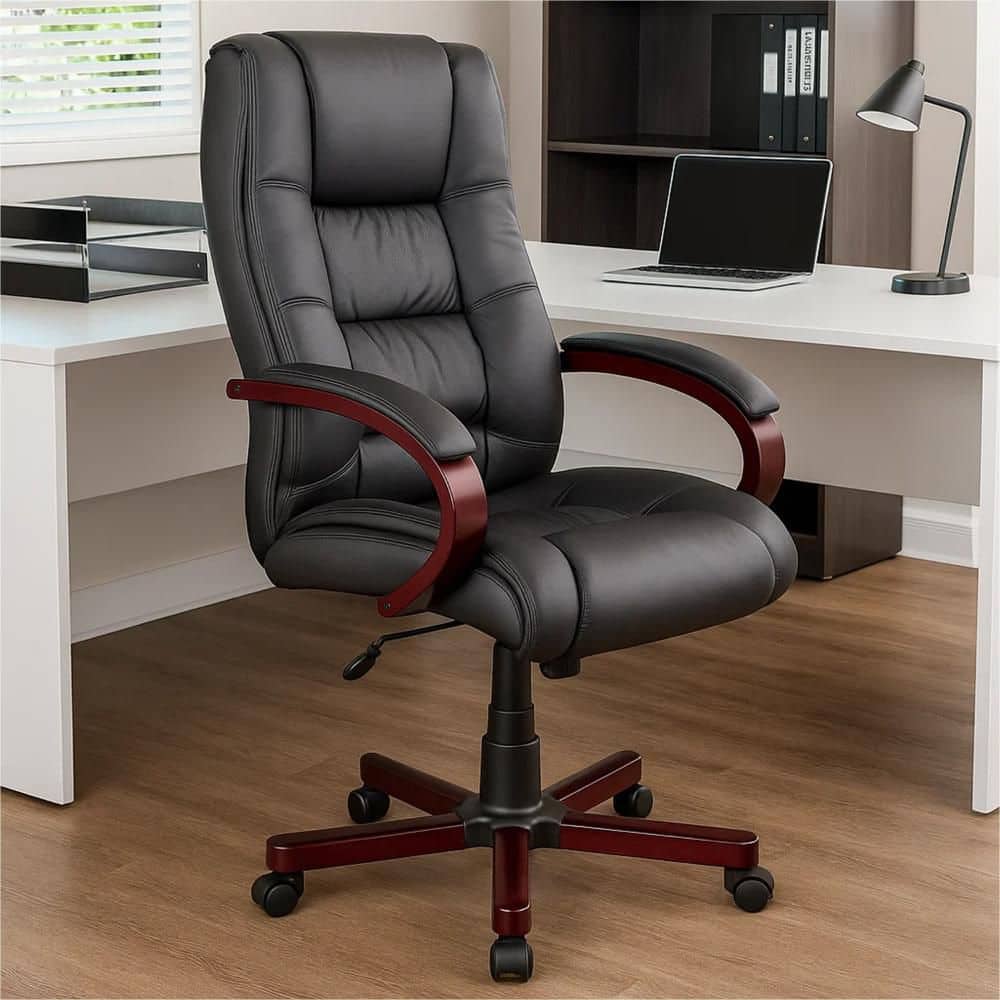 Zoey Vinyl High-Back Executive Chair in Black and Mahogany Brown with Arms