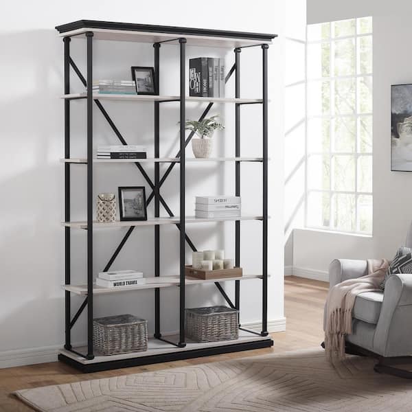 Blue River 58 in. W x 84.25 in. H Antique White and Black 5-Shelf Standard Bookcase