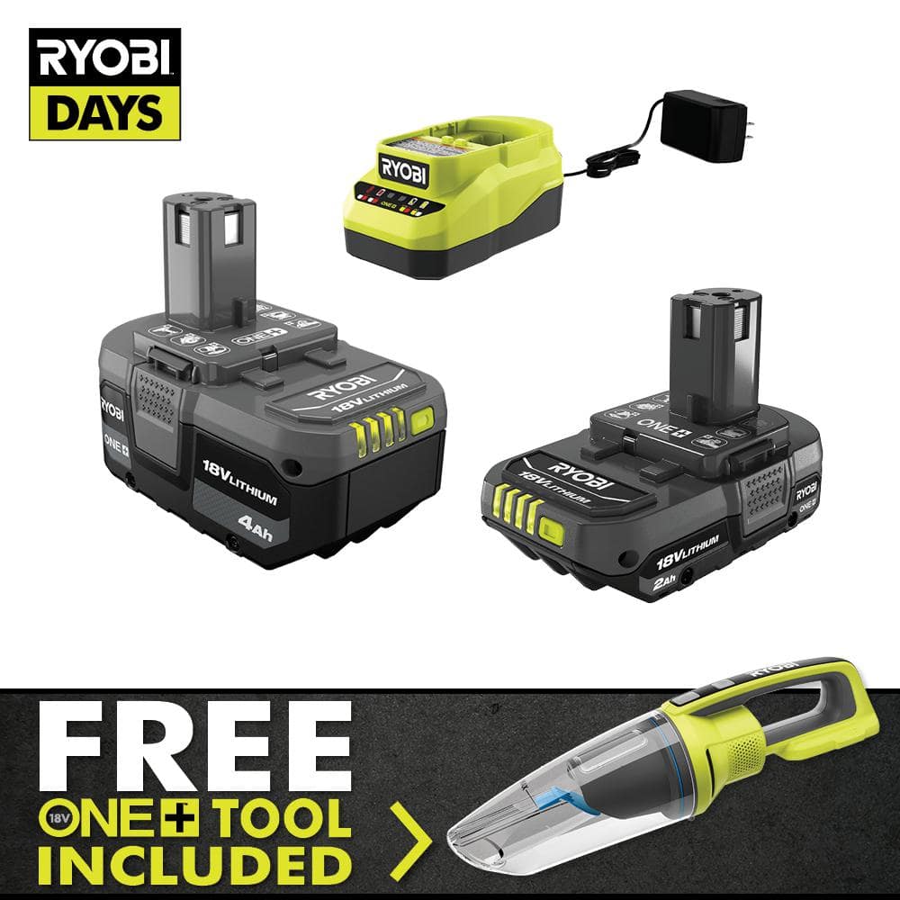 RYOBI ONE+ 18V Lithium-Ion 4.0 Ah Battery, 2.0 Ah Battery, and Charger Kit with ONE+ Cordless Wet/Dry Hand Vacuum