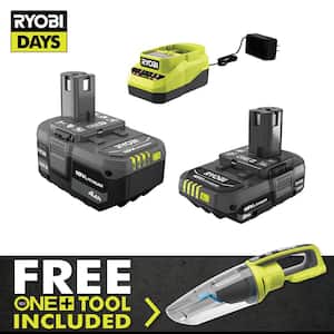 ONE+ 18V Lithium-Ion 4.0 Ah Battery, 2.0 Ah Battery, and Charger Kit with FREE ONE+ Cordless Wet/Dry Hand Vacuum