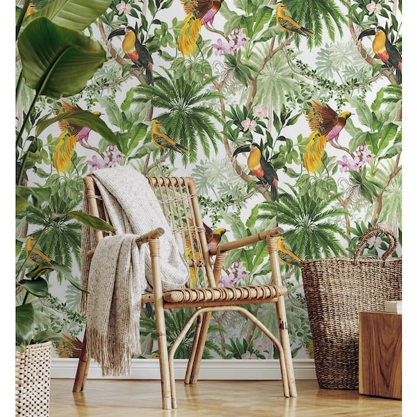 30.75 sq. ft. White Tropical Bird Vinyl Peel and Stick Wallpaper Roll