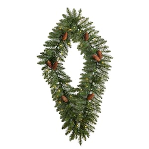 36 in. Prelit LED Geometric Diamond Artificial Christmas Wreath with Pinecones and 50 Warm White LED Lights