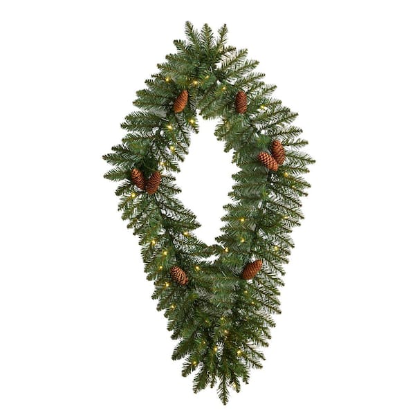 Nearly Natural 36 in. Prelit LED Geometric Diamond Artificial Christmas Wreath with Pinecones and 50 Warm White LED Lights