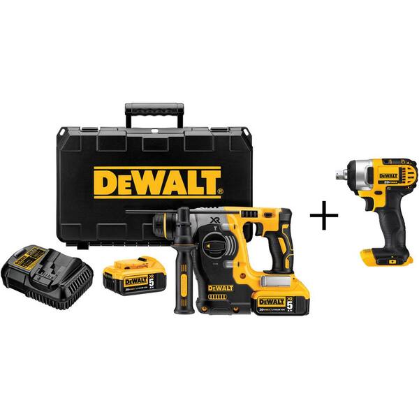 DEWALT 20V MAX XR Brushless 1 in. SDS Plus L-Shape Rotary Hammer, 1/2 in. Impact Wrench, and (2) 20V 5.0Ah Batteries