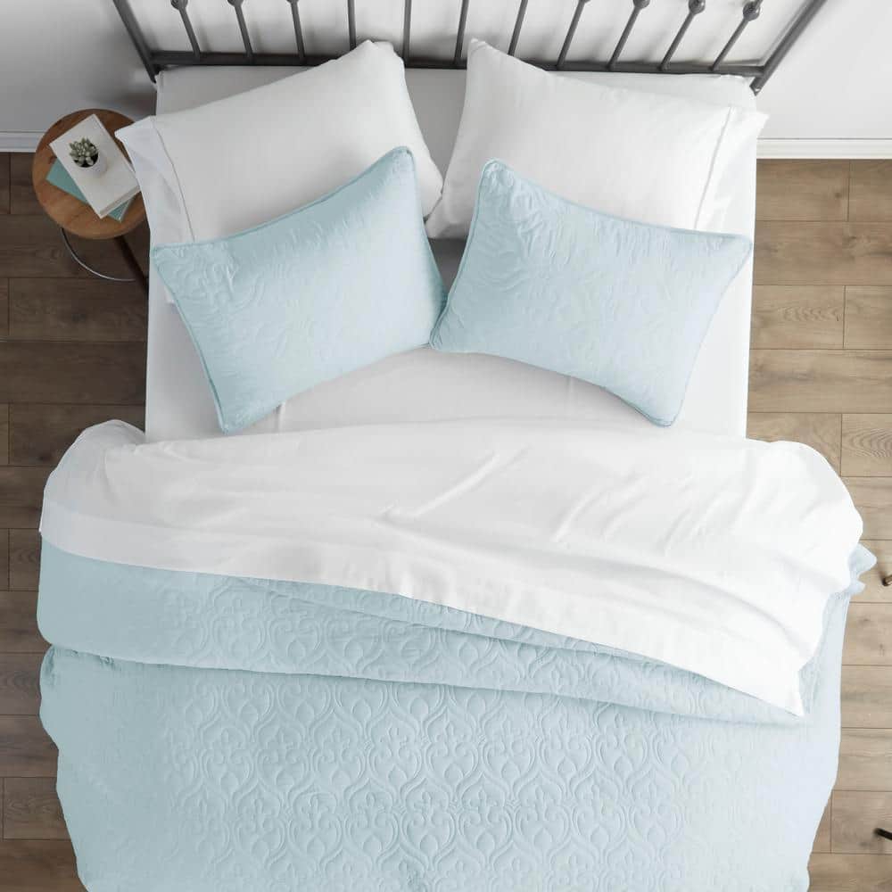 Pale Blue King Microfiber Quilted Coverlet Set
