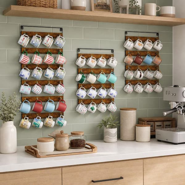 3-Pack 8-Hook Rustic Brown Mug Hook to Hold 24-Mugs, Wall Mounted Coffee Mug Racks, Coffee Mug Holder for Kitchen