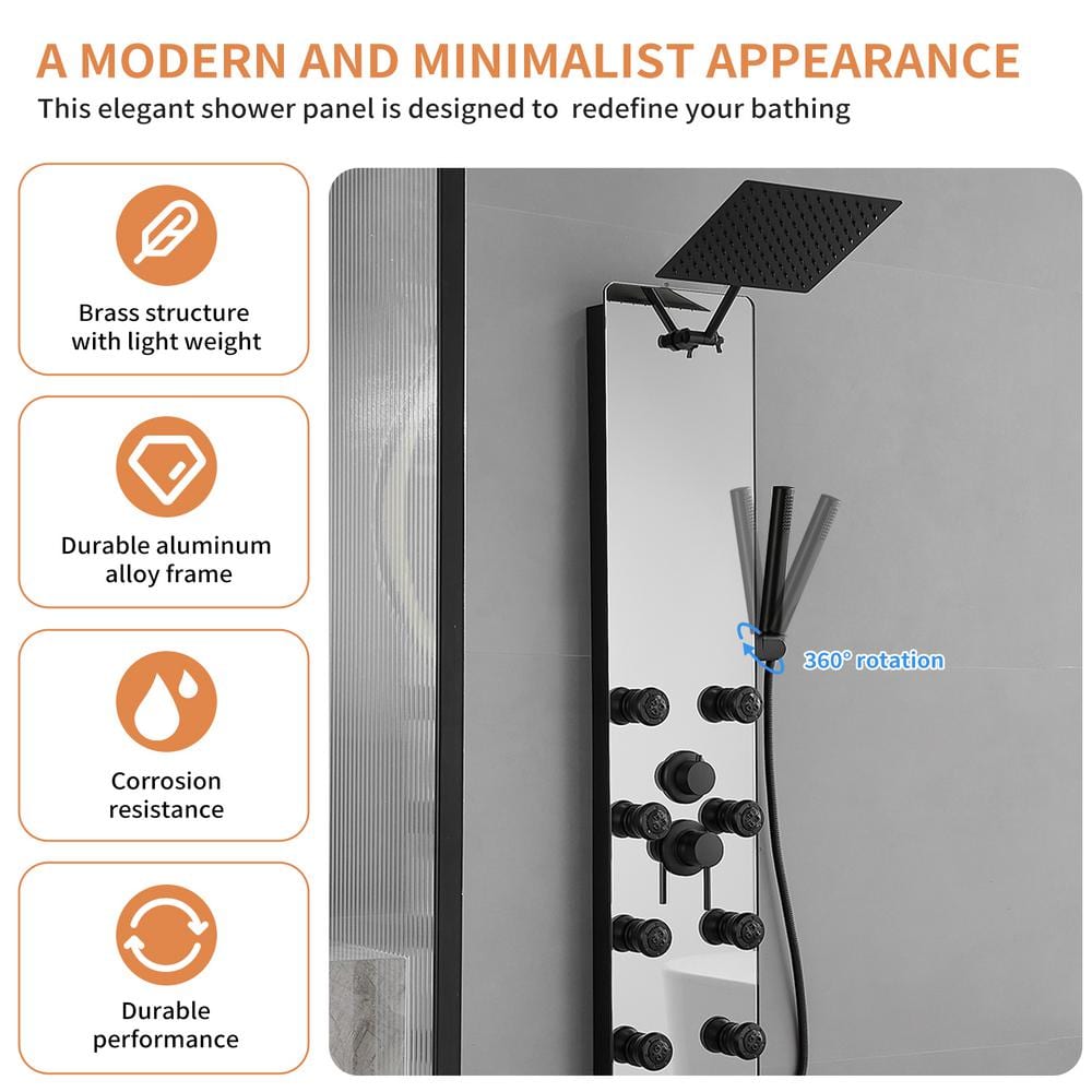 Matte Black Solid Brass Shower Panel System with Adjustable Head