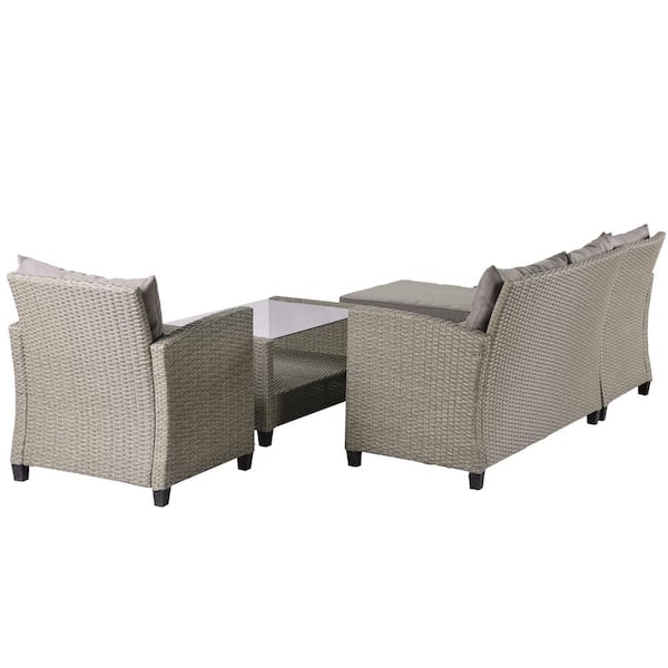 4-Pieces Wicker/Rattan Outdoor Sectional Sofa Seating Set Patio Furniture Conversation Set with Brown Cushions
