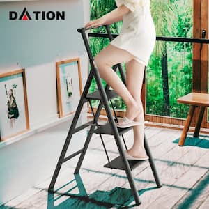 3 Step Reach Retractable Handgrip Folding Step Stool with Wide Anti-Slip Pedals 300 lbs. Capacity Aluminum Safety Ladder