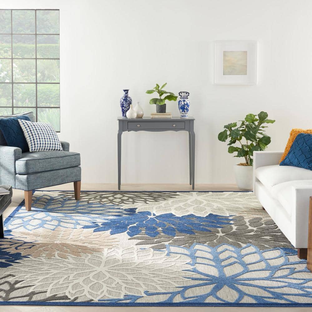 Aloha Blue and Multicolor Floral 12' x 15' Outdoor Rug
