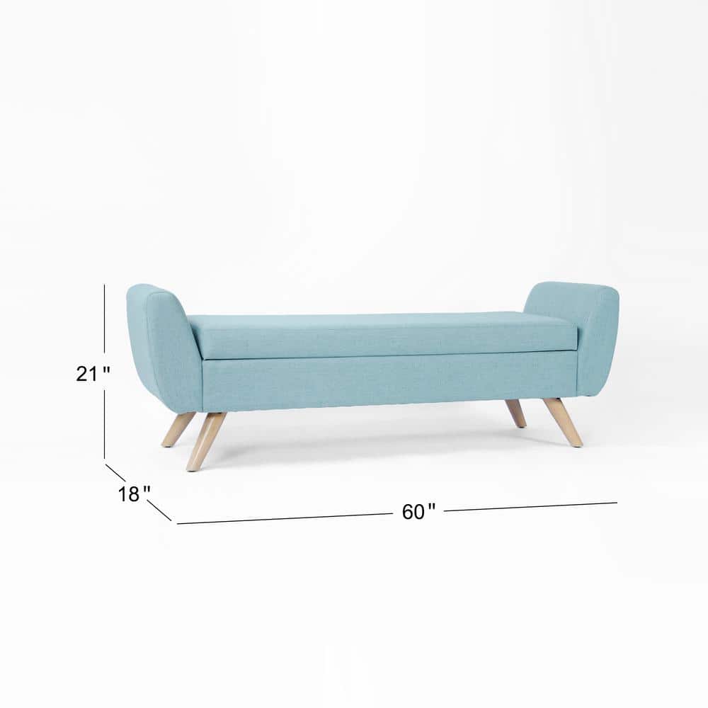 French Blue Upholstered Storage Bench with Wood Legs
