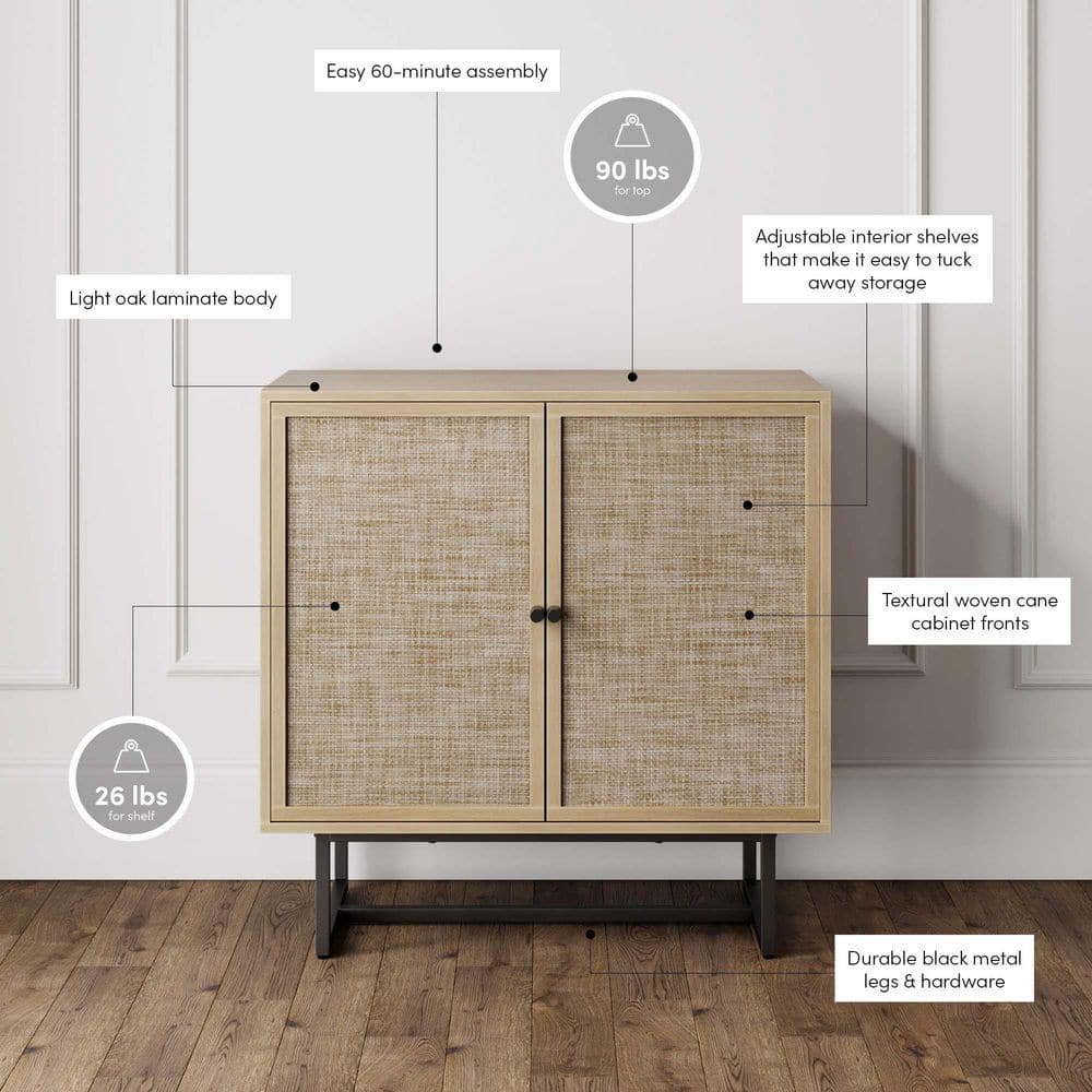 Light Oak and Matte Black Freestanding Cabinet with Adjustable Shelving