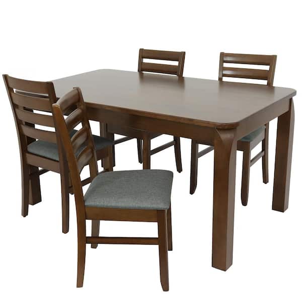 Sunnydaze Dorian 5-Piece Dining Table and Side Chair Set - Dark Walnut with Gray Cushions