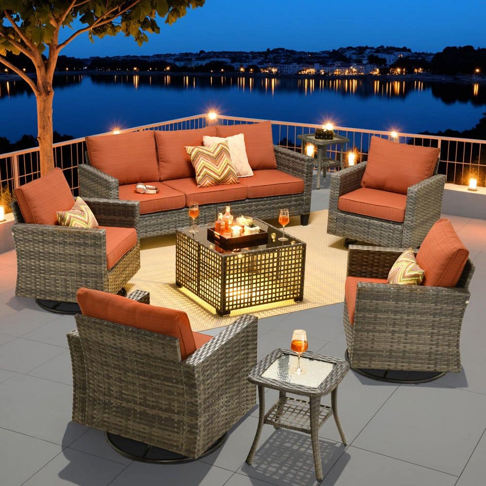 Scarlet 8-Piece Wicker Outdoor Patio Conversation Sofa Set with a Solar-Lit Table, Swivel Chairs and Orange Red Cushions