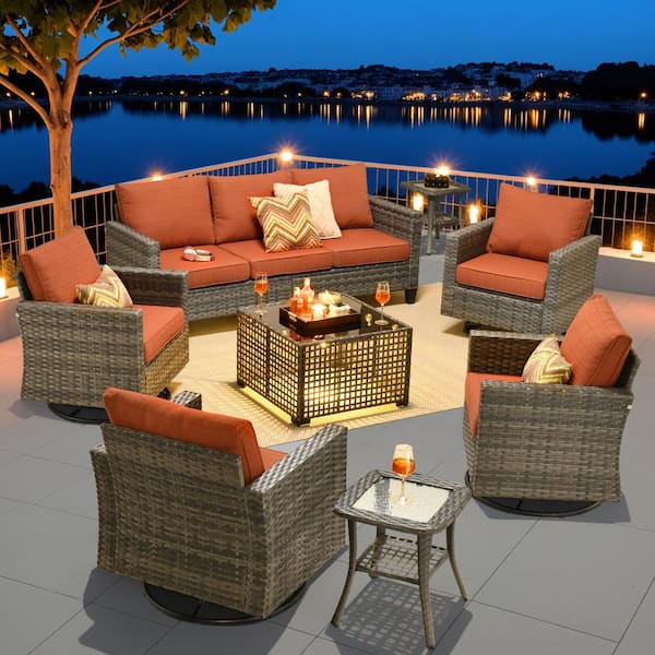 HOOOWOOO Scarlet 8-Piece Wicker Outdoor Patio Conversation Sofa Set with a Solar-Lit Table, Swivel Chairs and Orange Red Cushions