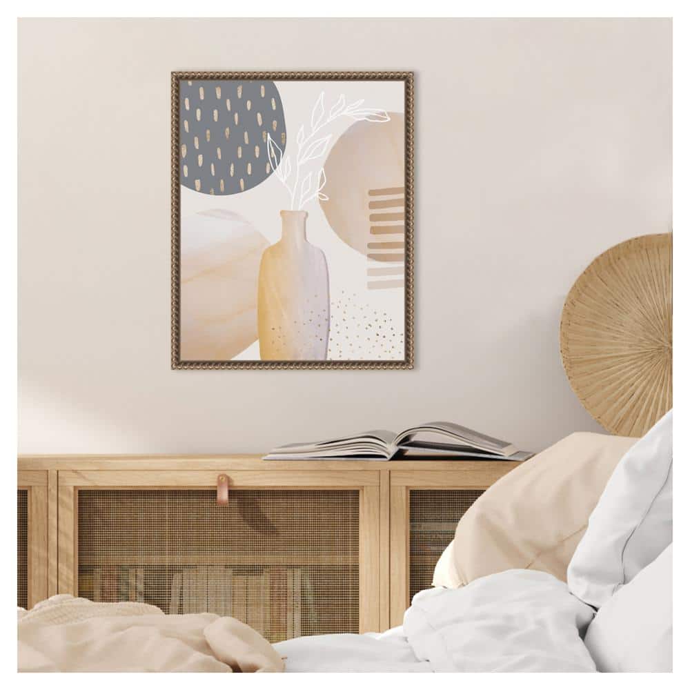 Mid-Century Floral II Beige and Gray Canvas Print with Bronze Frame
