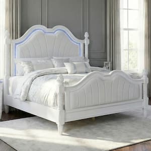 Reggy Glam Pearl White Wood Frame Upholstered King Panel Bed with LED Lighting