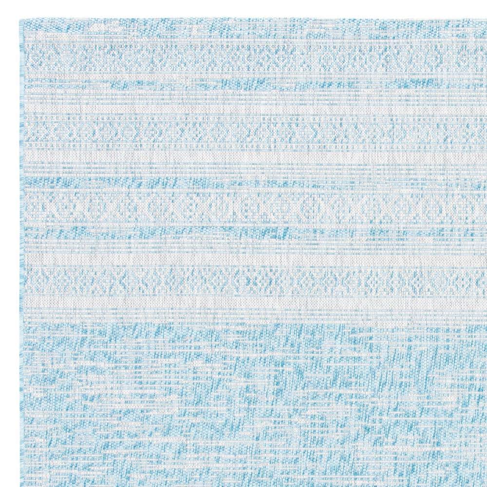 Aqua and Grey Synthetic 6'7" Square Non-Slip Outdoor Rug