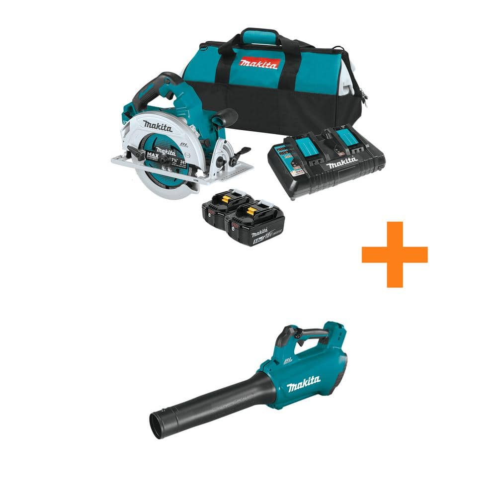 18V X2 LXT (36V) Brushless 7-1/4 in. Circular Saw Kit 5.0Ah with 116 MPH 459 CFM 18V LXT Brushless Blower -  Makita, XSH06PT-XBU03Z