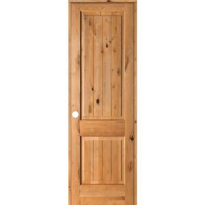 30 in. x 96 in. Knotty Alder 2 Panel Right-Hand Square Top V-Groove Clear Stain Solid Wood Single Prehung Interior Door