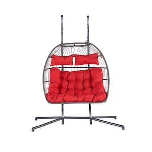 2 Person Gray Wicker Porch Egg Swing Chair with Red Cushion and Stand