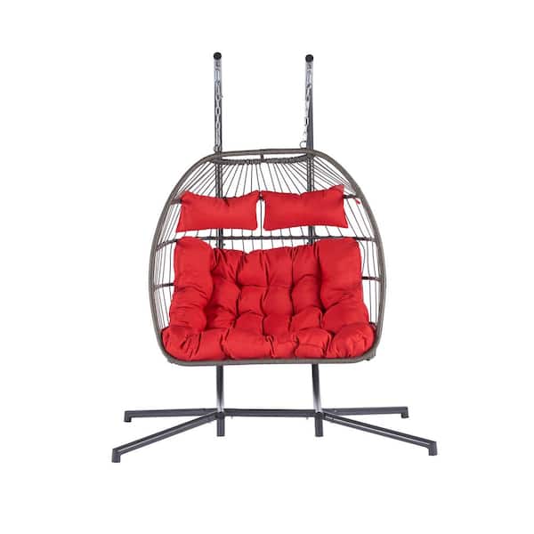 Cesicia 2 Person Gray Wicker Porch Egg Swing Chair with Red Cushion and Stand