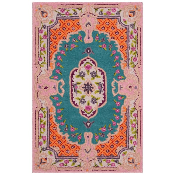 SAFAVIEH Bellagio Blue/Pink Doormat 3 ft. x 4 ft. Floral Border Area Rug