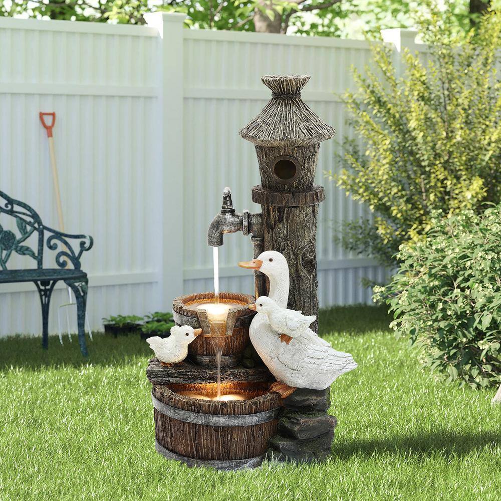 Rustic Farmhouse Ducks and Birdhouse Resin Outdoor Water Fountain with Lights