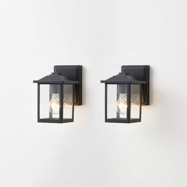 8 in. Painted Black Outdoor Hardwired Wall Lantern Scone with Clear Tempered Glass (2-Pack)
