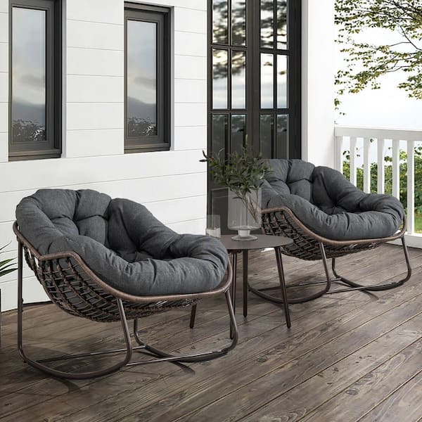 Tunearary Patio Brown Wicker Outdoor Rocking Chair Recliner with 1 Gray Cushion