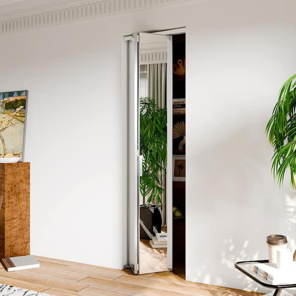 24 in. x 80 in., Mirrored Glass, Silver, Hollow Core, MDF, Aluminum Frame, Full Lite Bi-fold Doors with Hardware Kits