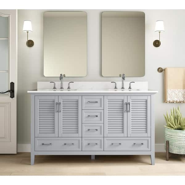 Home Decorators Collection Dennick 60 in. W x 22 in. D x 35 in. H Double Sink Freestanding Bath Vanity in Gray with White Engineered Stone Top